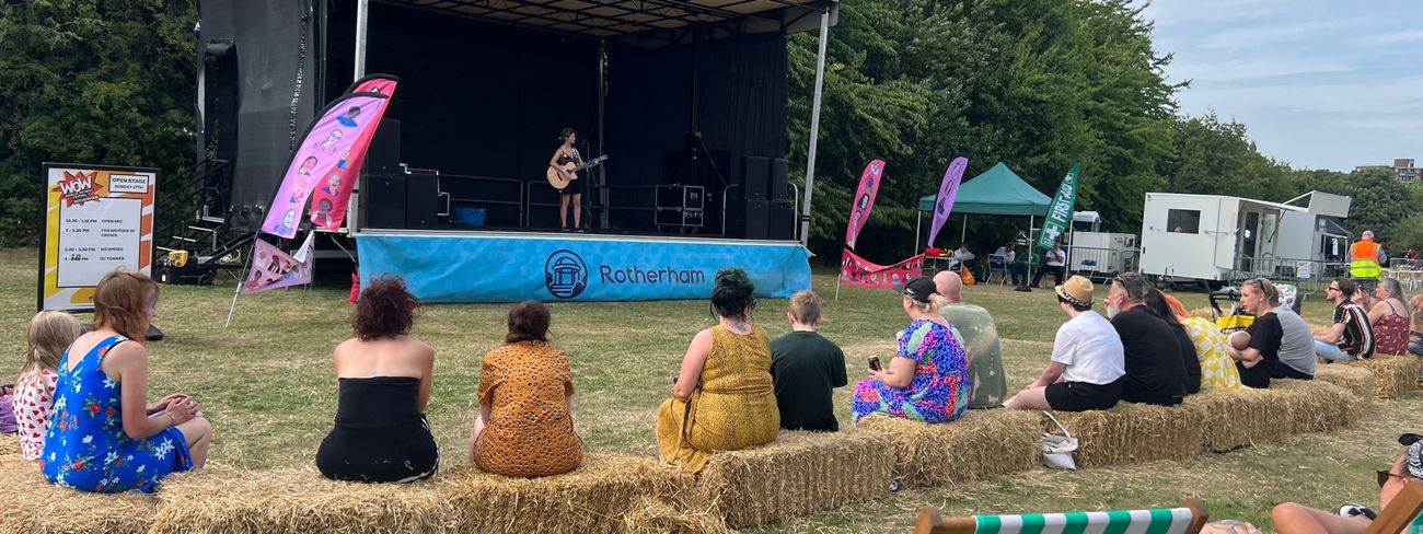 Summer festival stage and audience in Rotherham